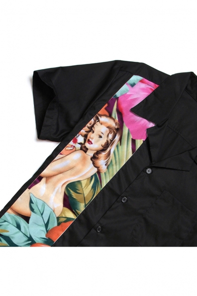 Retro Punk Style Short Sleeve Lapel Collar Figure Patched Button Down Black Shirt