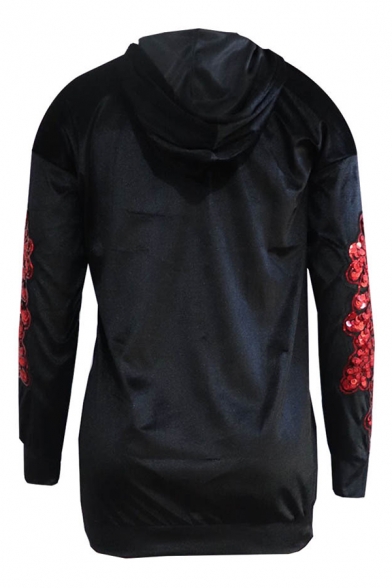 Sexy Red Lip Sequined Embellished Long Sleeve Relaxed Velvet Hoodie