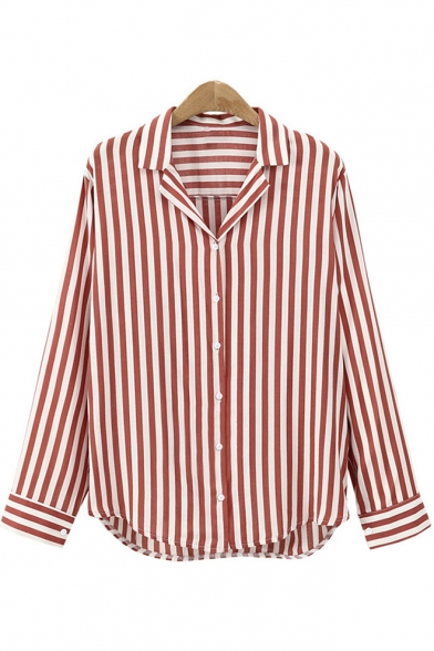 Striped Print Long Sleeve V Neck Button Down Loose Shirt