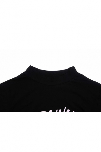 Stylish Letter PUNK Pattern Mock Neck Long Sleeve Black Slim Fitted Cropped T-Shirt