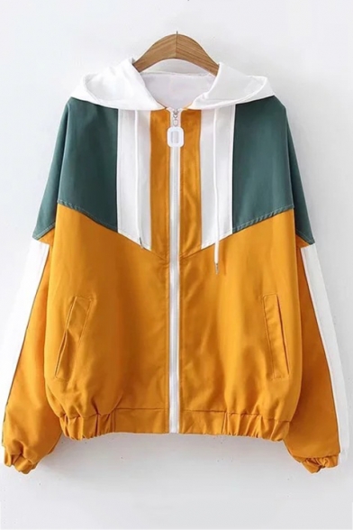 Stylish Long Sleeve Colorblock Zip Placket Elastic Hem Cuff Hooded Coat