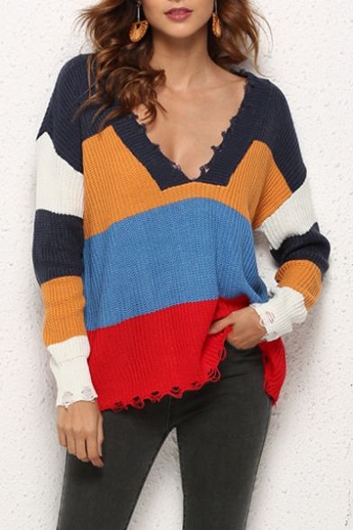 Trendy Long Sleeve V-Neck Frayed Hem Colorblock Loose Cozy Sweater