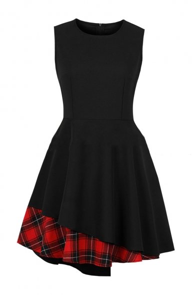 

Vintage Plaid Patchwork Round Neck Sleeveless Zip Back Mini Black A-Line Pleated Dress, LC496694