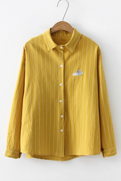 Weather Cloud Rain Moon Sun Embroidered Vertical Striped Relaxed Long Sleeve Button Shirt