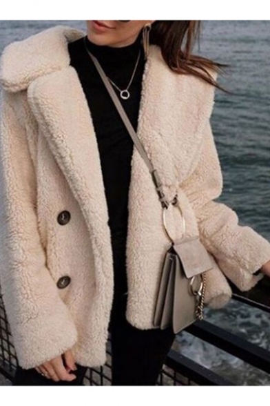 Winter's Long Sleeve Lapel Collar Double Buttons Plain Fleece Coat