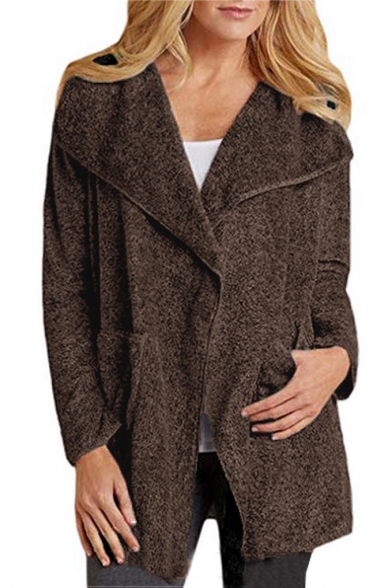 Winter's New Trendy Long Sleeve Plain Fleece Tunics Brown Coat