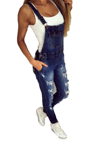 Women's Dark Blue Fashion Ripped Detail Skinny Fit Overall Jeans