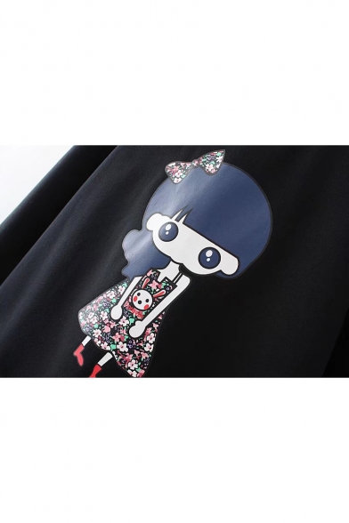 1 Cartoon Character Printed Long Sleeve Lapel Collar Fake Two Piece Sweatshirt