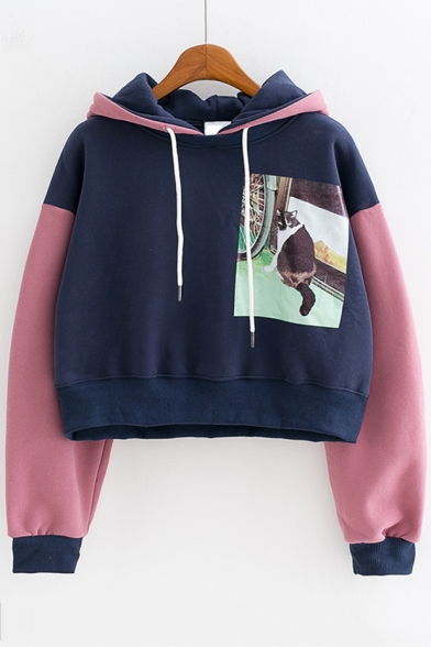 3D Cat Printed Long Sleeve Fashion Colorblock Cropped Hoodie