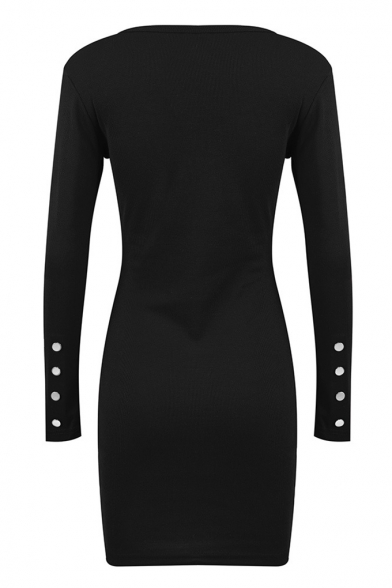 Black Button Round Neck Long Sleeve Knit Shift Mini Dress