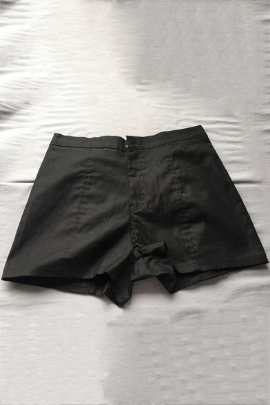 Black Plain Lace-Up Back Zip Fly High Waist Hotpants