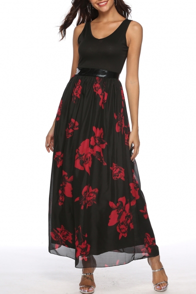 Casual Scoop Neck Sleeveless Floral Printed Zip Embellished Maxi A-Line Black Dress
