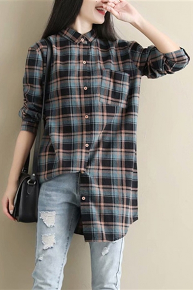Classic Check Pattern Pocket Chest Lapel Collar Long Sleeve Round Hem Button Relaxed Shirt