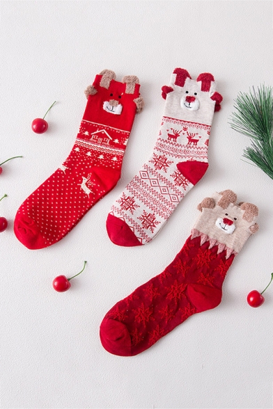 Cute Cartoon Animal Deer Snowflake Christmas Theme Warm Socks Three-Piece Set