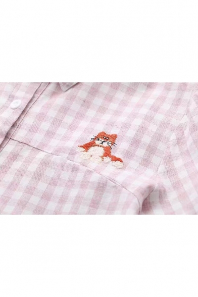 Cute Cartoon Embroidered Plaid Pattern Long Sleeve Lapel Collar Button Down Shirt
