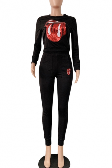 Fashion Big Mouth Red Lip Printed Long Sleeve Top Skinny Fit Pants Sports Co-ords