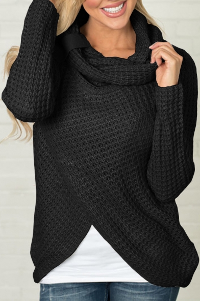 Fashion Long Sleeve Cowl Neck Plain Asymmetric Hem Knit Sweater