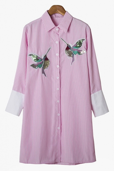 Fashion Striped Print Bird Embroidered Contrast Three-Quarter Sleeve Tunic Button Down Shirt