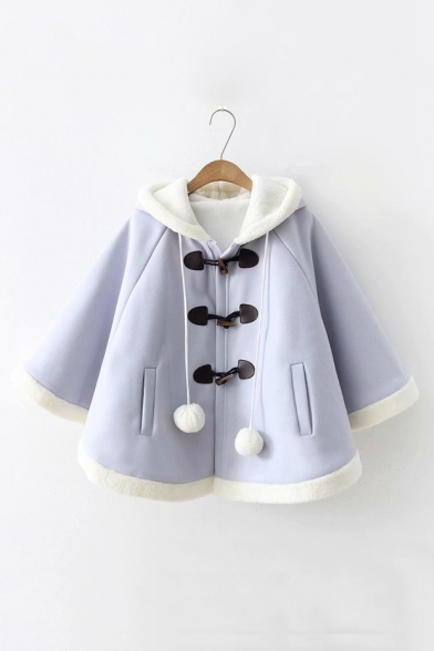 Girls' Lovely Pompom Ribbon Toggle Button Down Hooded Long Sleeve Cape Coat