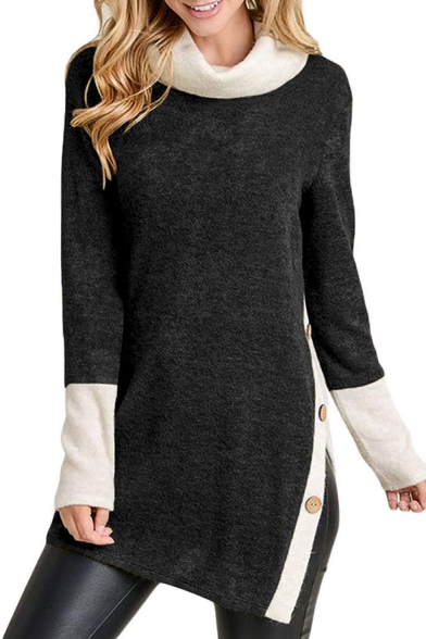 High Neck Colorblock Long Sleeve Split Side Button Embellished Tunics Sweatshirt