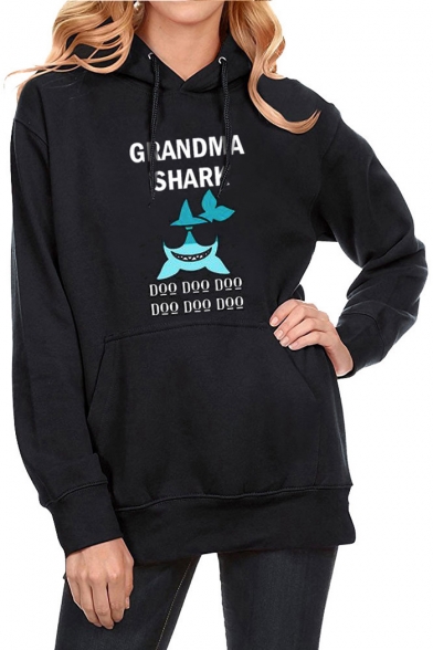 

Hot Popular Long Sleeve Letter Cartoon Shark Printed Black Hoodie, LC494505