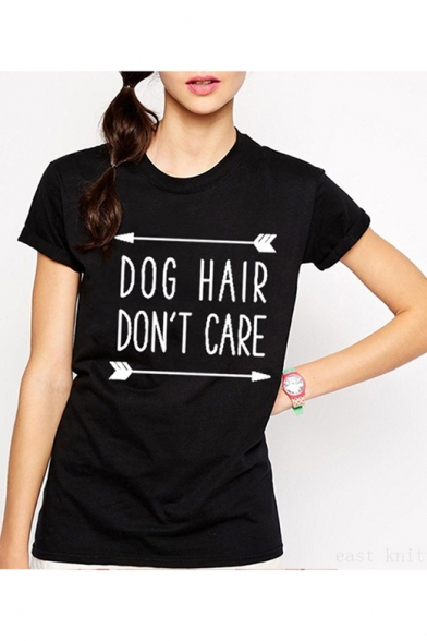 Letter DOG HAIR DON'T CARE Printed Short Sleeve Round Neck Loose Black Cotton Tee