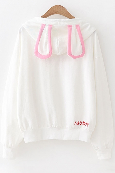 Letter RABBIT JUMP Embroidered Long Sleeve Drawstring Bunny Ear Design Hoodie