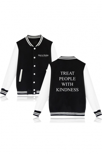Letter Rose Color Block Rib Trim Single Breasted Stand Collar Baseball Jacket