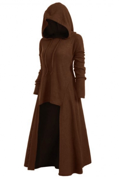 Loose Long Sleeve Plain High Low Asymmetrical Hooded Dress
