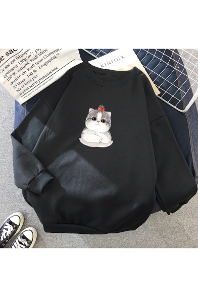 Lovely Cartoon Cat Printed Long Sleeve Round Neck Thick Sweatshirt