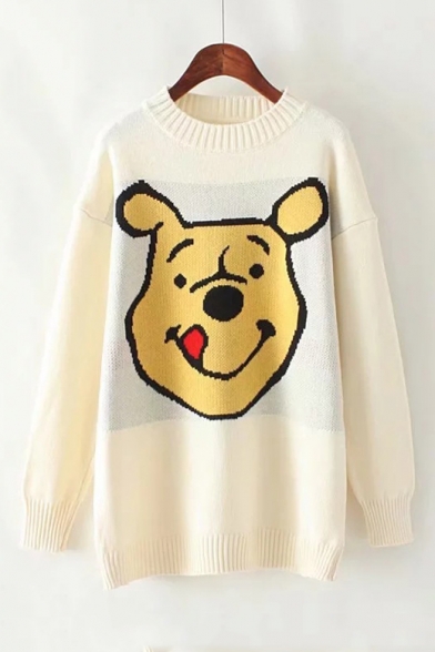 Lovely Cartoon Smile Face Dog Printed Round Neck Long Sleeve Loose Tunic Sweater