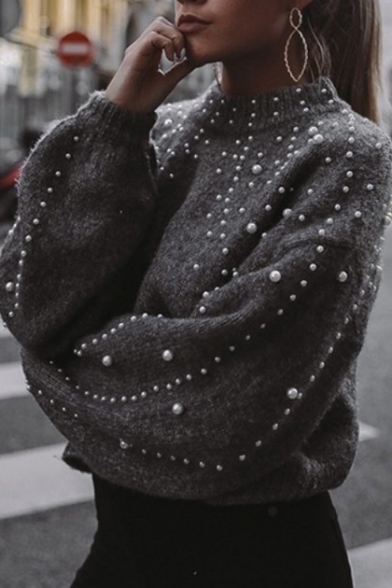 Mock Neck Bubble Sleeve Plain Beaded Embellished Loose Sweater