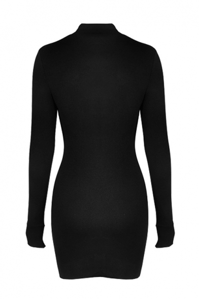 New Arrival Mock Neck Glove Long Sleeve Basic Solid Mini Slim Sweater Dress
