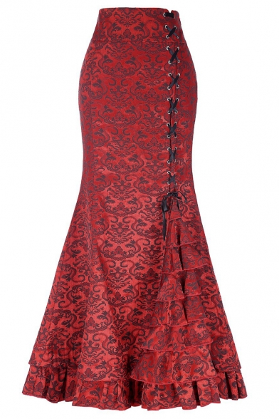 New Trendy Chic Floral Printed Fashion Lace-Up Side Layered Ruffle Hem Maxi Retro Fishtail Skirt