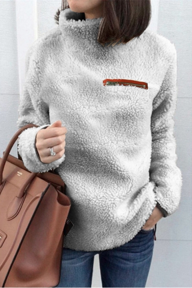 New Trendy High Neck Zip Embellished Chest Long Sleeve Solid Fleece Sweater