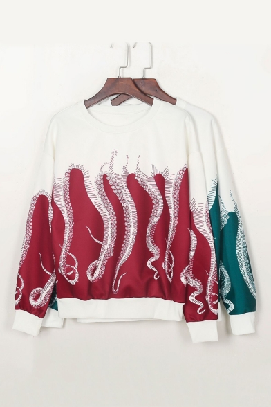 Octopus Printed Long Sleeve Round Neck Leisure Red Sweatshirt