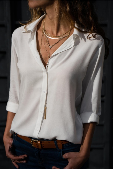 Office Lady Long Sleeve Lapel Collar Plain Button Down Chiffon Shirt