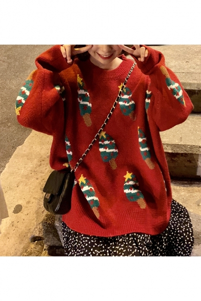 Oversize Long Sleeve Round Neck Christmas Tree Printed Tunics Sweater
