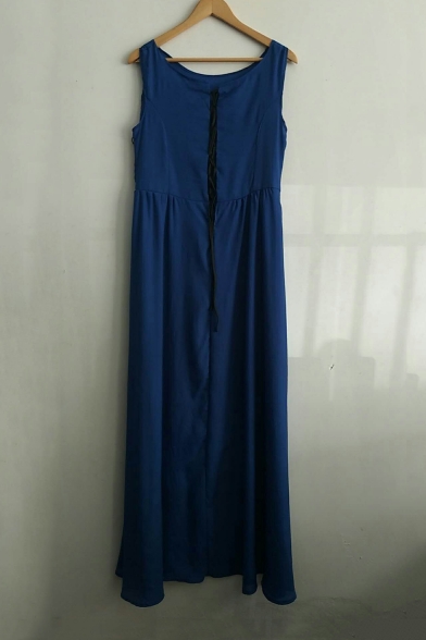 Retro Basic Solid Round Neck Sleeveless Lace-Up Side Maxi A-Line Dress