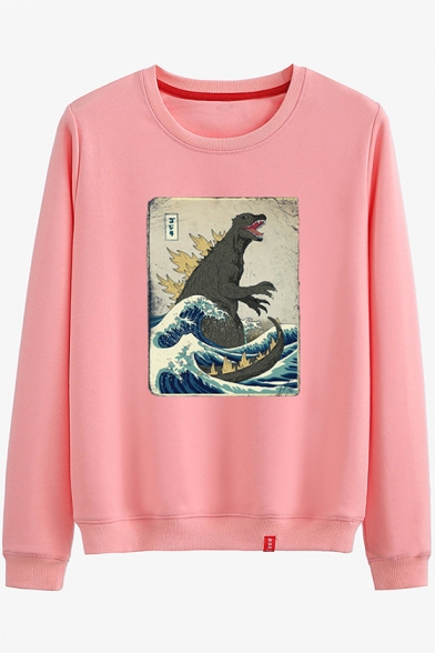 Round Neck Long Sleeve Dinosaur Printed Cozy Leisure Sweatshirt