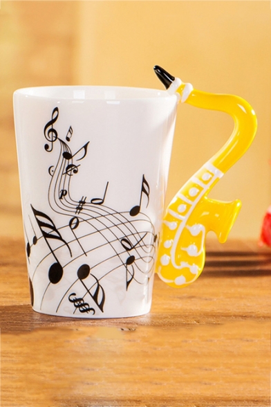 Saxophone Handle Design White Musical Notes Printed Coffee Milk Ceramic Mug