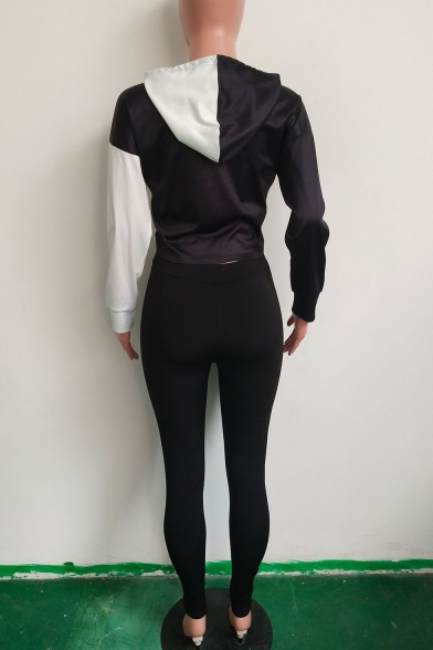 Sexy Colorblock Long Sleeve Crop Top Skinny Plain Elastic Waist Pants Black Co-ords