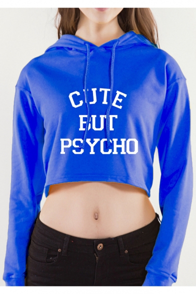 Sexy Long Sleeve Letter CUTE BUT PSYCHO Printed Drawstring Cropped 