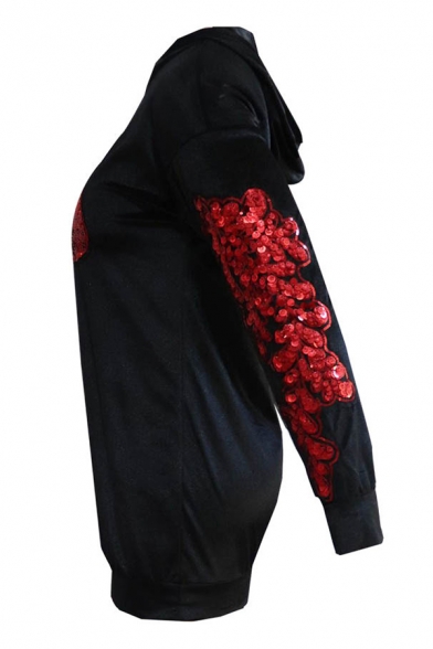 Sexy Red Lip Sequined Embellished Long Sleeve Relaxed Velvet Hoodie