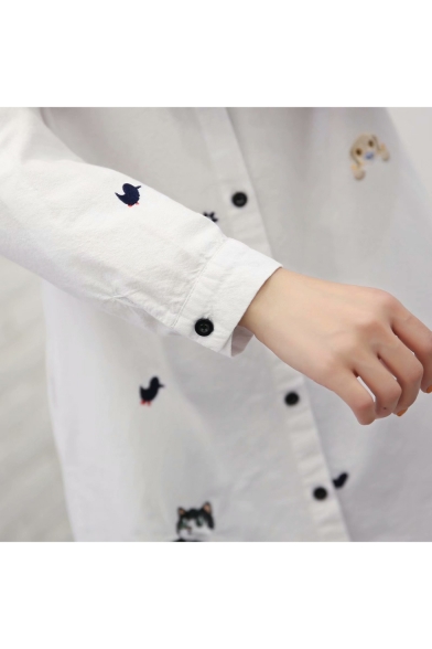 Simple Cartoon Embroidered Long Sleeve Lapel Collar Loose Fitted Button Down Tunic White Shirt