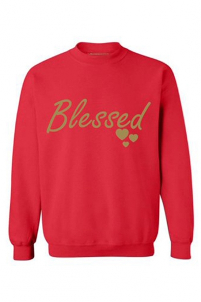 

Simple Long Sleeve Mock Neck Letter BLESSED Printed Sweatshirt, LC494516, Black;red;gray