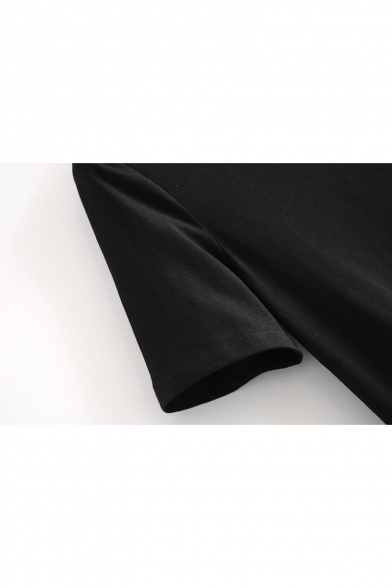 Simple Short Sleeve Round Neck Patchwork Asymmetric Hem Midi Shift Black Dress