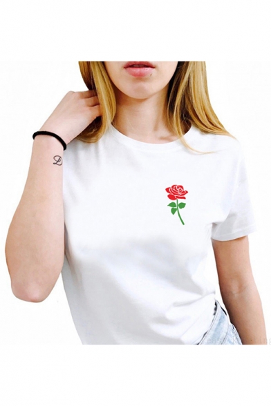 Simple Short Sleeve Round Neck Rose Floral Printed White Cotton Top