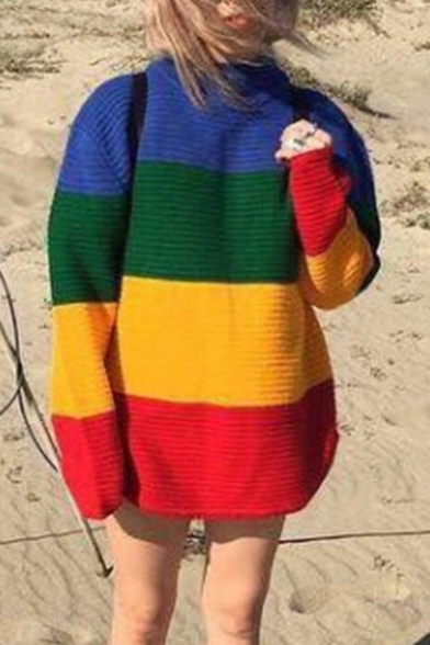 Street Style Colorblock Striped Printed Mock Neck Long Sleeve Relaxed Tunic Sweater