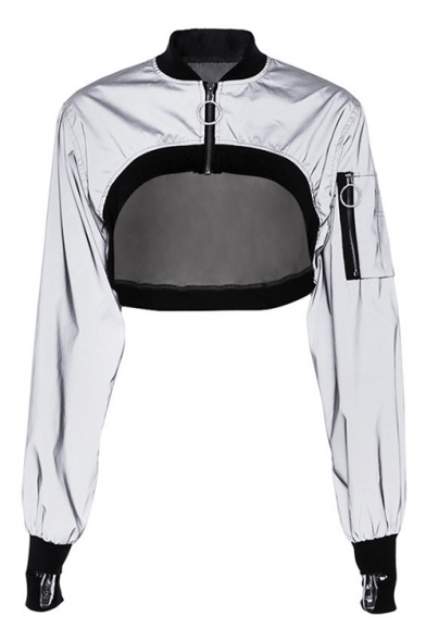 Street Style Hot Stand Collar Long Sleeve Reflective Asymmetrical Cropped Silver Coat
